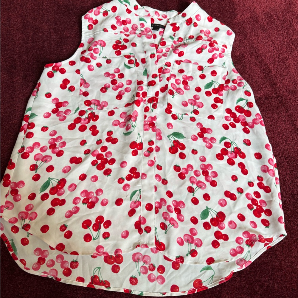 Ann Taylor White Blouse with Red Cherry Print